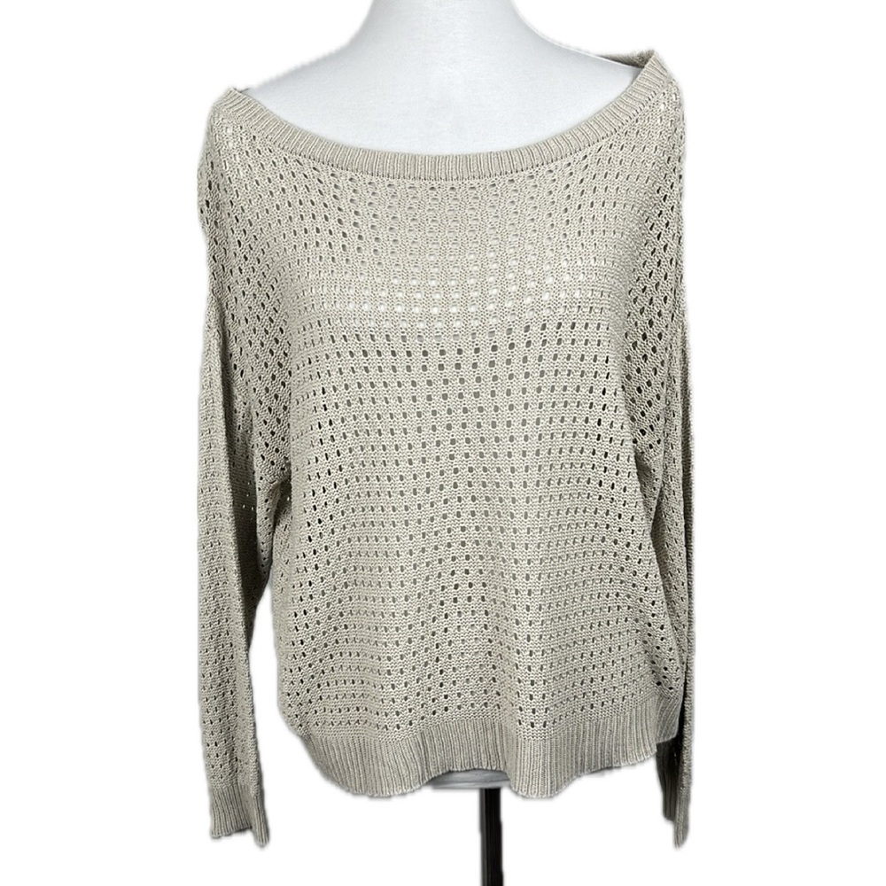 Pink Lily Open Knit Beige Sweater Sz M Coastal Boho  Festival Neutral Beach